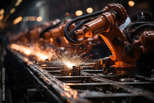Industrial robots weld metal pieces in series., generative IA