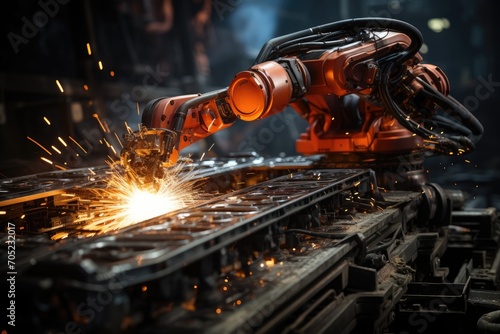 Industrial robots weld metal pieces in series., generative IA