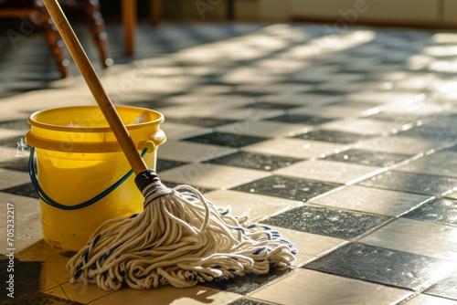mop and a bucket on a tiled floor photo