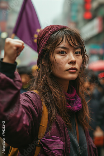 Generative AI side view image of an Asian woman with a determined look, raising her fist at a feminist protest amidst blurred crowd on the background