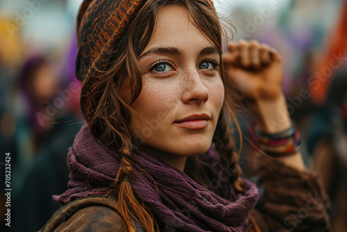 Generative AI image of a young Caucasian woman with freckles raising her fist looking at camera at a feminist protest, her eyes full of hope photo