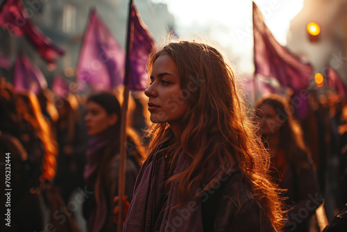 Generative AI side view image of a thoughtful young Caucasian woman at a feminist protest, amidst the call for equality and social change