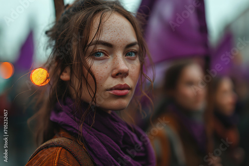 Generative AI side view image of a young Caucasian woman with freckles, blue eyes, and wet brown hair at a feminist protest against crowd with purple flags photo