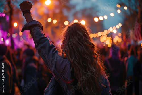 Generative AI back view image of unrecognizable woman with long curly hair raising her fist at a feminist protest during dusk among crowd photo