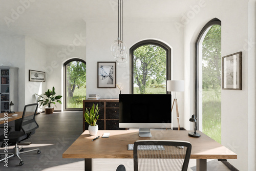 luxurious loft apartment with floor-to-ceiling windows and panoramic view; modern minimalistic interior design of workspace home office area; bright daylight; 3D rendering