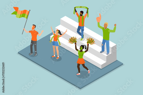 3D Isometric Flat Vector Illustration of Cheerful Soccer Fans, Sport Game Supporters