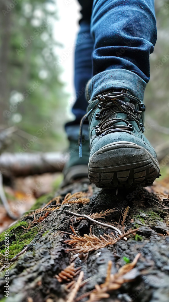 Step by Step: Close-up of Green Hiking Shoes and Rolled-up Blue Jeans Walking Towards the Camera, Symbolizing the Journey of Exploration and Adventure Step by Step: Close-up of Green Hiking Shoes and Rolled-up Blue Jeans Walking Towards the Camera, Symbolizing the Journey of Exploration and Adventure