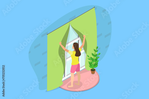 3D Isometric Flat Vector Illustration of Morning View, Woman Opening her Room Windows