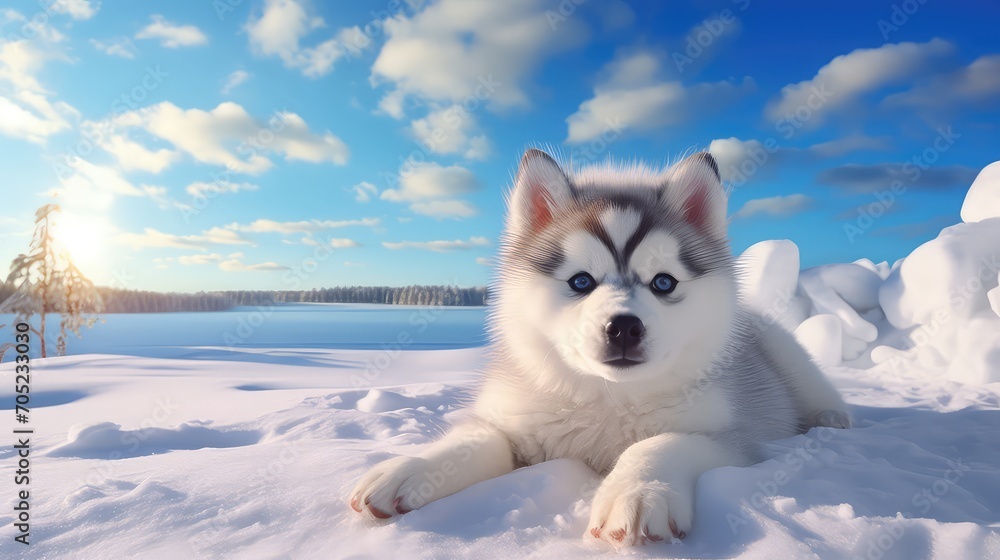 Cute siberian husky dog lying in the snow. Cute siberian husky dog lying in the snow.