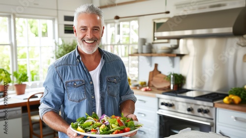 A middle-aged man radiates joy as he holds a plate of vibrant, fresh salad. His smile speaks of his commitment to healthy eating © Stavros's son