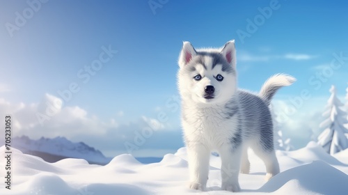Siberian husky puppy in the winter landscape. © HA