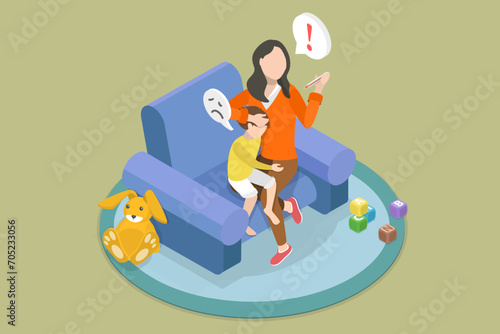 3D Isometric Flat Vector Illustration of Child with Fever, A Mom Takes Care of her Kid