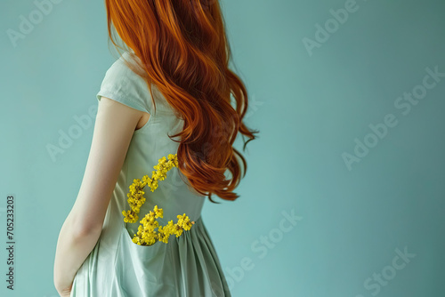 A woman with long red hair wearing a green dress created with generative AI technology photo