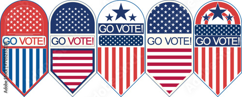 Go VOTE US pin button icon sticker set, Presidential Election, midterm, House or Senate elections,. American Election campaign style, Electoral symbols, United States of America USA Flag.