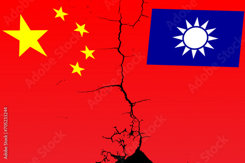 chinese China flag and Taiwan the Republic of China island flag and crack and break. concept of conflict, disputes and bad partnerships between country mainland and island