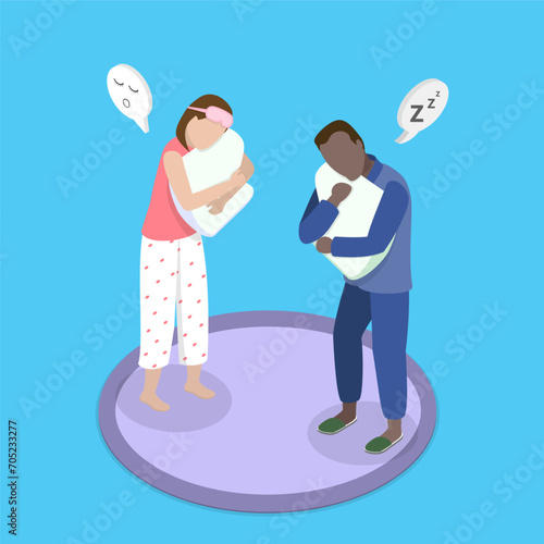 3D Isometric Flat Vector Illustration of Hugging A Pillow, Night Rest and Bedding Time
