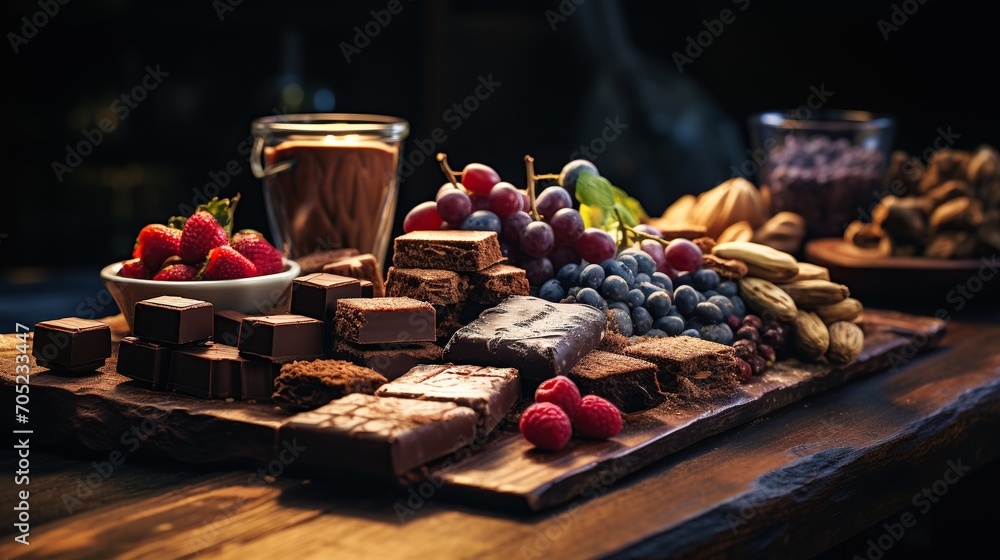 A luxurious selection of fine chocolate pieces paired with fresh strawberries, grapes, and a cup of coffee in warm lighting.
