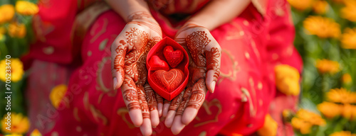 Banner Indian Asian Woman Holds Red Box with Sweets  Chocolate in Shape of Heart. St. Valentine s Day or Wedding. Female Hand with Mehndi Tattoo. Flowers  Love  February  14 AI Generated Horizontal.
