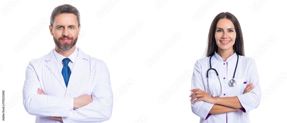 Healthcare and medicine concept. healthcare workers in clinic isolated on white. medical service. physician with healthcare colleague. Medical staff. Team of doctor and nurse in hospital. banner Healthcare and medicine concept. healthcare workers in clinic isolated on white. medical service. physician with healthcare colleague. Medical staff. Team of doctor and nurse in hospital. banner