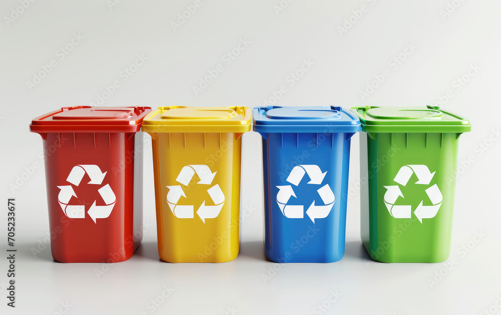 Plastic, glass, metal and paper recycle bins. Trash cans for garbage separation. Recycling concept Plastic, glass, metal and paper recycle bins. Trash cans for garbage separation. Recycling concept