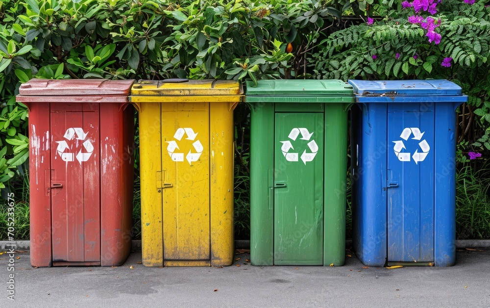 Plastic, glass, metal and paper recycle bins. Trash cans for garbage separation. Recycling concept Plastic, glass, metal and paper recycle bins. Trash cans for garbage separation. Recycling concept