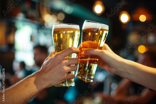 Two hands holding beer glasses, beer steins, clinking them together