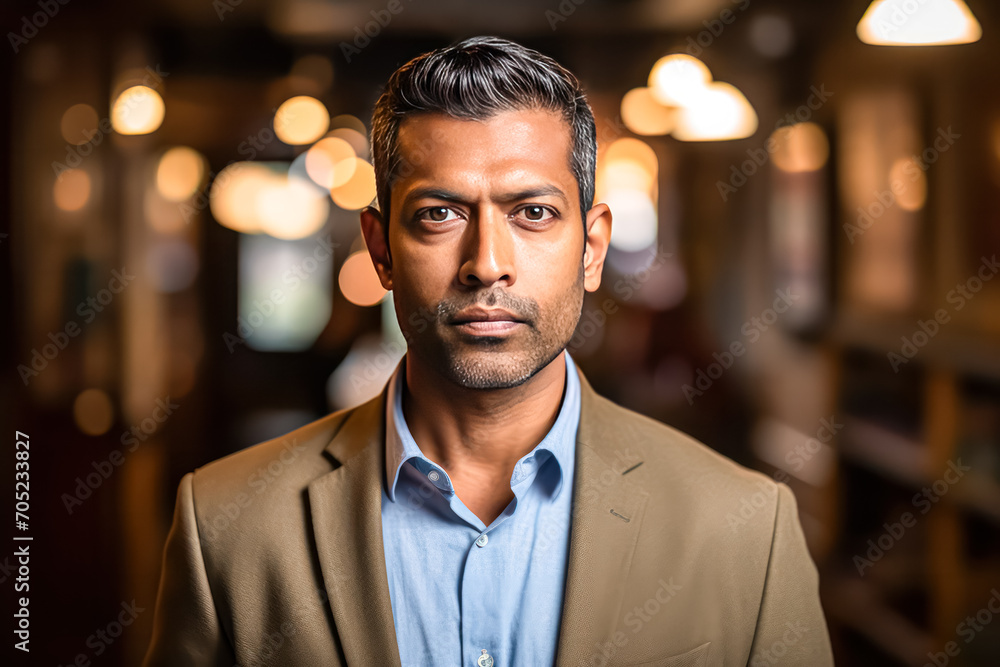 Fototapeta premium Business portrait of an Indian businessman in a refined suit. A stock photo embodying professionalism and cultural sophistication