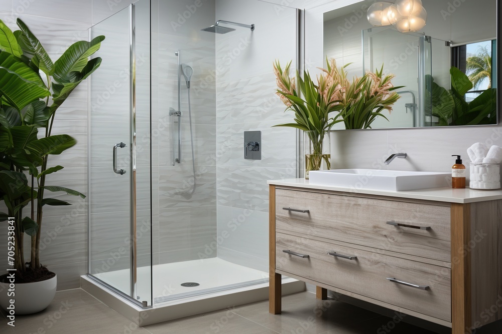 Modern bathroom with glass shower and large vanity - obrazy, fototapety, plakaty 