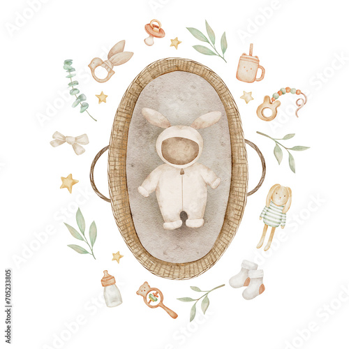 Watercolor newborn clothes in Moses basket, boho style baby clothes, Maternity, Baby Shower Invitations. Children's accessories and toys are depicted around the crib.