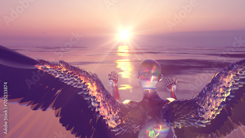 3d illustration of a translucent angel at dawn spread his wings for flight photo