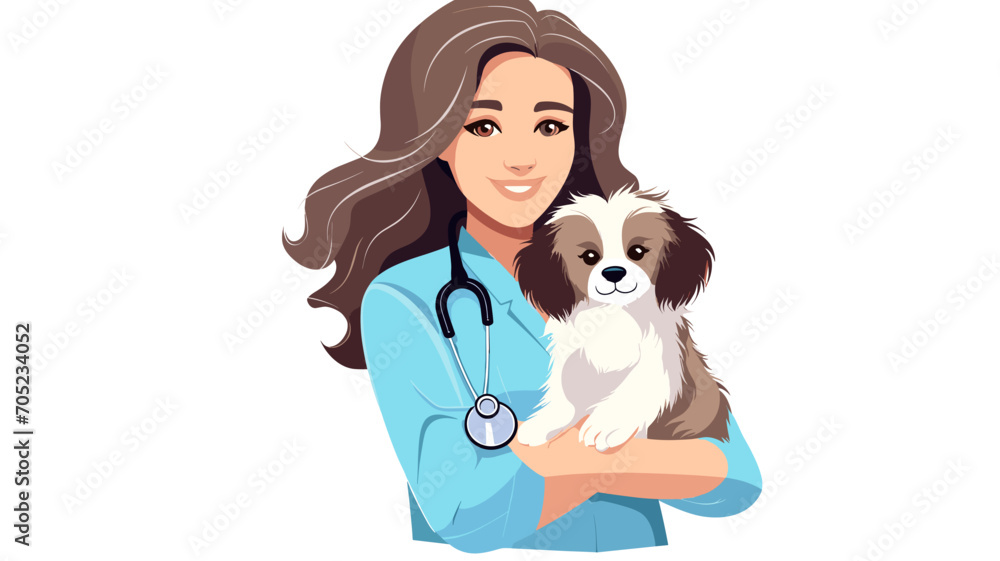 A vet clinic worker, animal doctor with stethoscope and puppy. World Veterinary Day. Isolated on white vector illustration in flat style. Veterinary trying to cure a sick dog. Medical healthcare for p