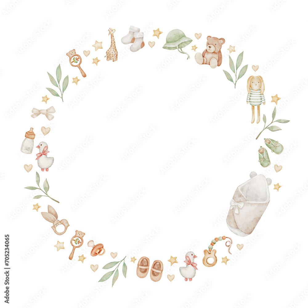 Cute watercolor wreath with baby clothes, toys and twigs, baby Shower Invitations. Children's accessories and toys are depicted around the crib. Cute watercolor wreath with baby clothes, toys and twigs, baby Shower Invitations. Children's accessories and toys are depicted around the crib.