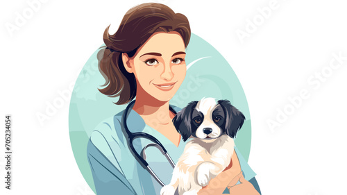 A vet clinic worker, animal doctor with stethoscope and puppy. World Veterinary Day. Isolated on white vector illustration in flat style. Veterinary trying to cure a sick dog. Medical healthcare for p
