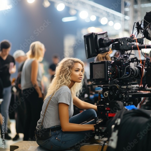 Blonde woman using a professional video camera