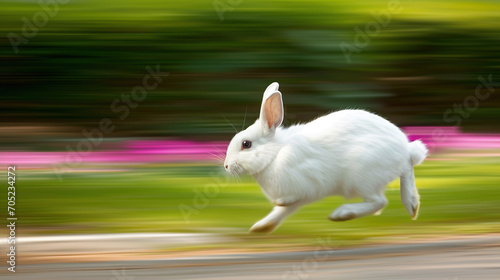 An adorable white rabbit in a hurry to get to Easter