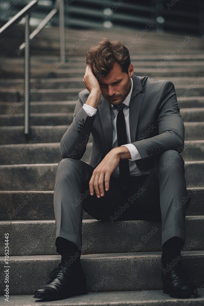 businessman sitting with a worried expression on the stairs of a building businessman sitting with a worried expression on the stairs of a building