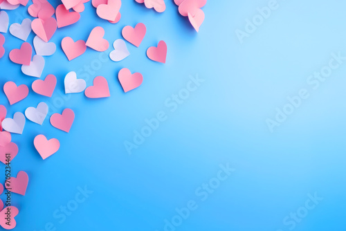 Tarjeta de San Valentín con corazones de papel y fondo azul.