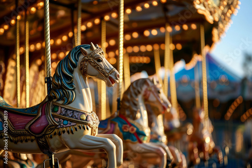 Merry go round carousel in amusement park. Glowing attraction in city park. Childhood entertainment © Lazy_Bear
