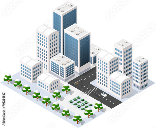 Winter isometric city with streets  skyscrapers  houses and transport