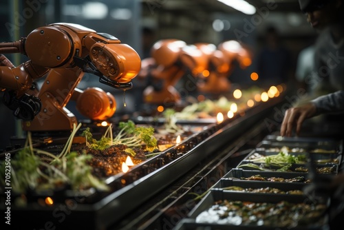 Efficient robots orchestrate food production line., generative IA photo