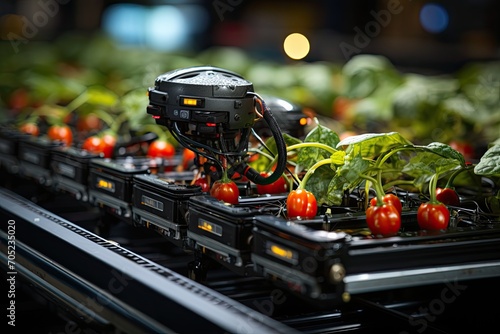 Efficient robots orchestrate food production line., generative IA photo