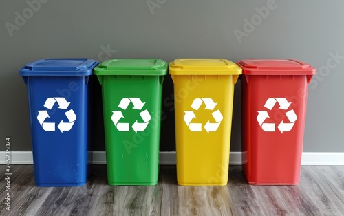 Plastic, glass, metal and paper recycle bins. Trash cans for garbage separation. Recycling concept