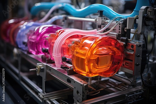 Injection molding: Colorful plastics flow in automated industrial factory., generative IA photo