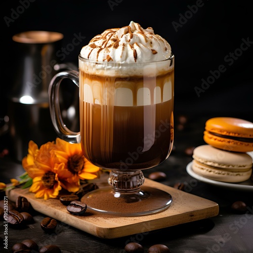 Coffee glass with cream , latte glass in cozy home atmosphere, cafe design . AI generation 