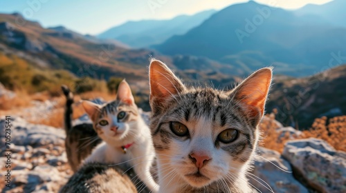 Two cats on the background of the mountains. The cat is looking at the camera