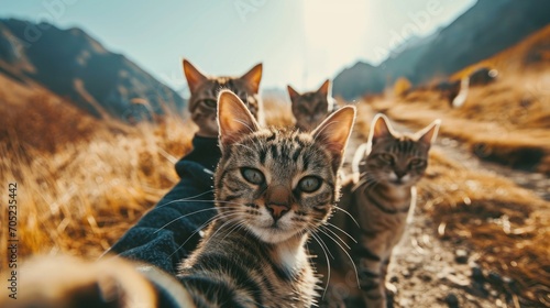 Kittens in the hands of a tourist on the background of mountains