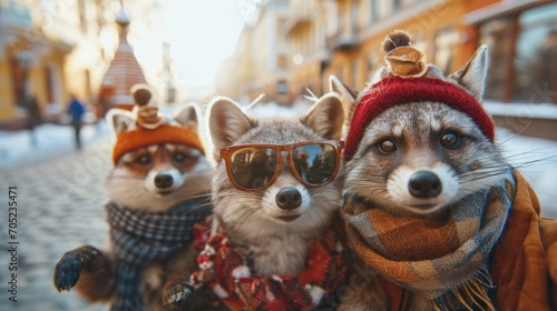 Portrait of two raccoons in hats and scarves on the streets photo