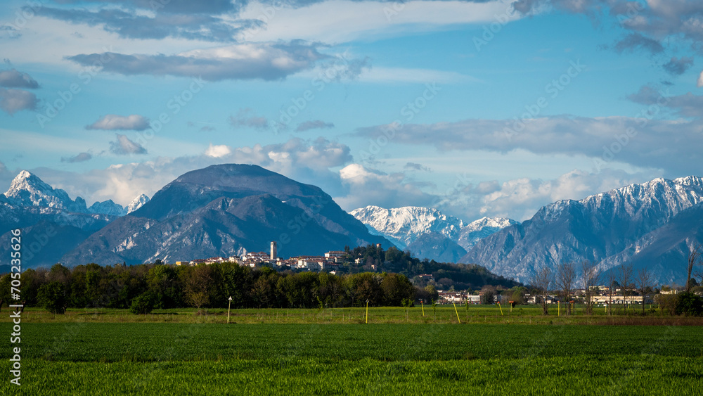 Fototapeta premium San Vito di Fagagna and the morainic hills of Friuli. Tavella Church