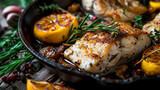 Fish cooked with rosemary in a frying pan