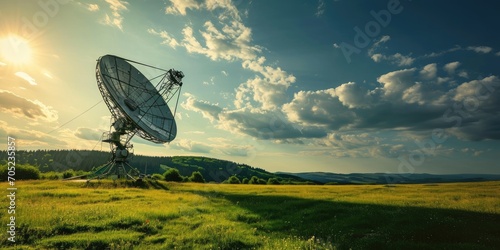 Satellite dish on a field under blue sky